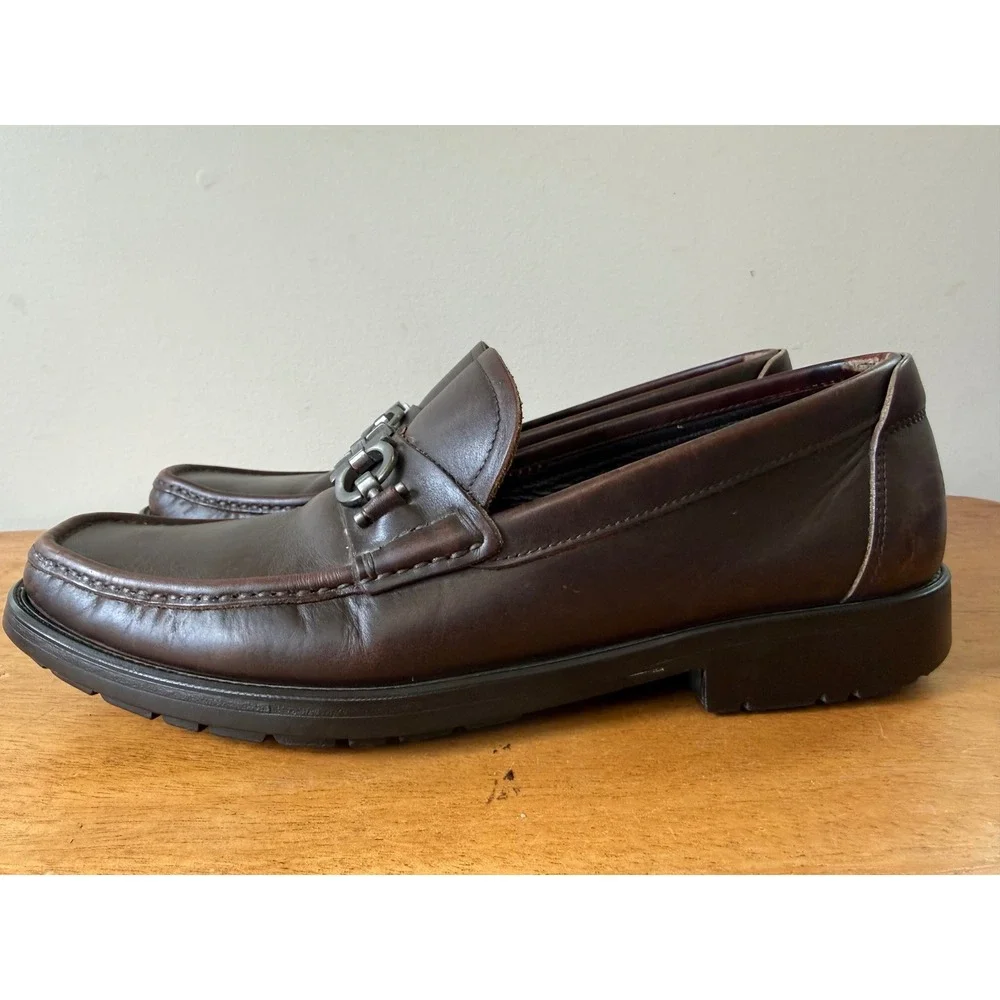 Ferragamo Moccasin Gancini Bit Men's 9 D Calf Leather Brown Loafers Italy